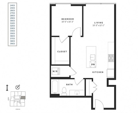 Floor plan for 1 bed, 1 bath, 720 sqft